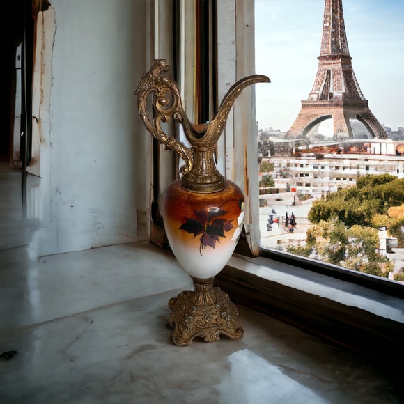 Early 20th Century Victorian Mantle Ewer. Hand Painted Art Glass Body. 16”x 7” - Picture 1 of 13